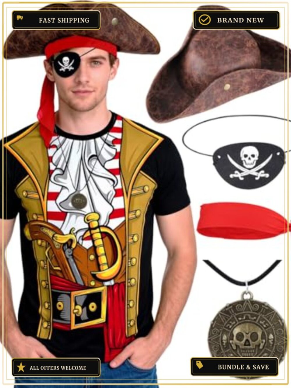 Men's 5-Piece Pirate Costume Set Shirt Hat Bandana Necklace Eye Patch